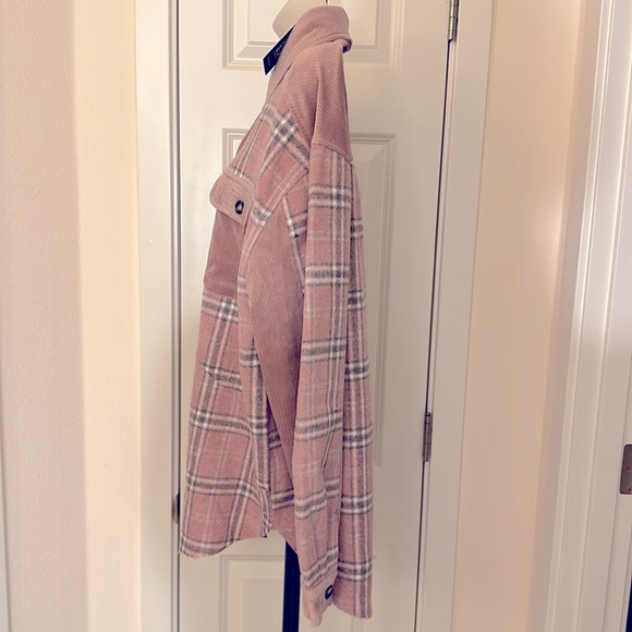KGSB Collection Soft Flannel Plaid & Corduroy Mix Button Up Raw Hem Shirt Jacket - Picture 4 of 7